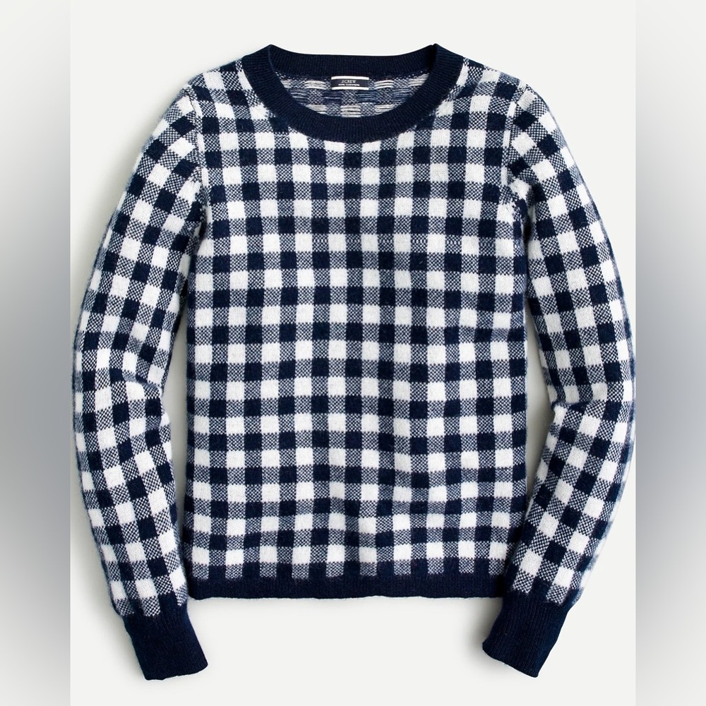 J. Crew Navy and White Gingham Crewneck Sweater